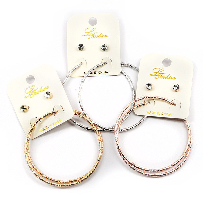 Le Fashion Accessories Rhinestone Studs And Textured Hoops Earring Combo (2542)