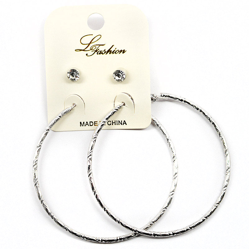 Le Fashion Accessories Rhinestone Studs And Textured Hoops Earring Combo (2542)