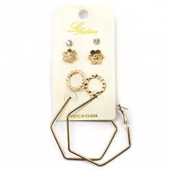 Le Fashion Accessories 4-Pair Earring Assortment With Hexagon Shaped Hoops (2524)