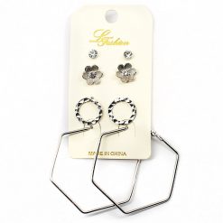 Le Fashion Accessories 4-Pair Earring Assortment With Hexagon Shaped Hoops (2524)