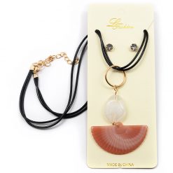 Le Fashion Accessories Faux Stone Fan Charm Necklace And Rhinestone Earrings