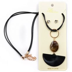 Le Fashion Accessories Faux Stone Fan Charm Necklace And Rhinestone Earrings