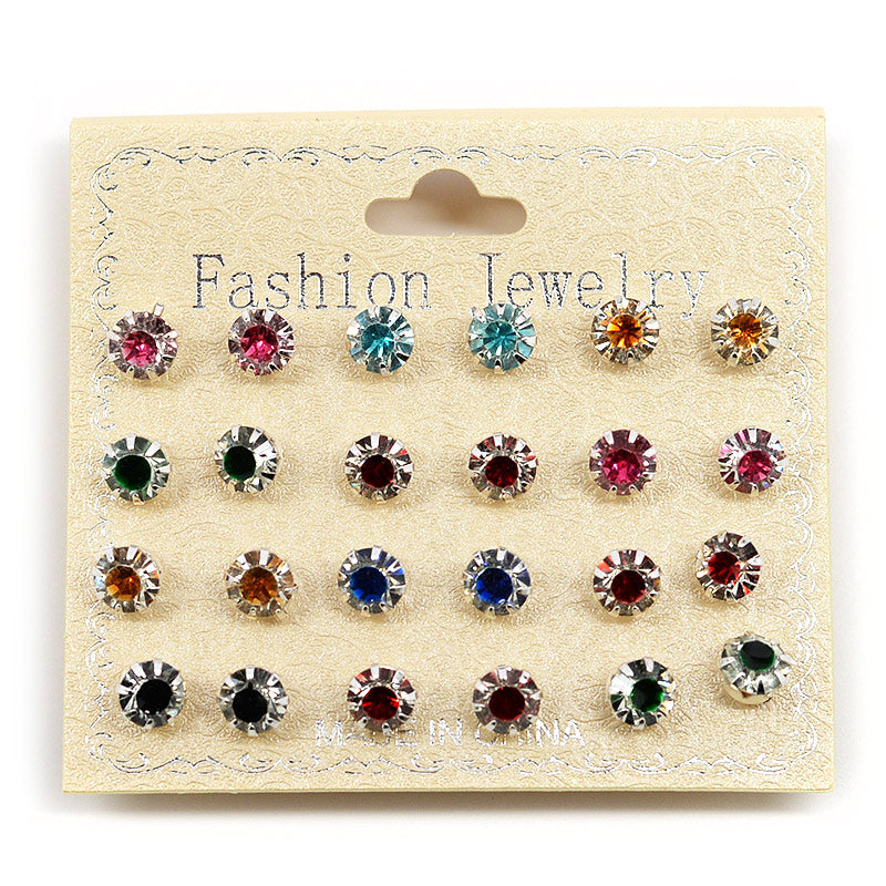 Fashion Jewelry Accessories 12-Pair Color Rhinestone Stud Set (#2557)