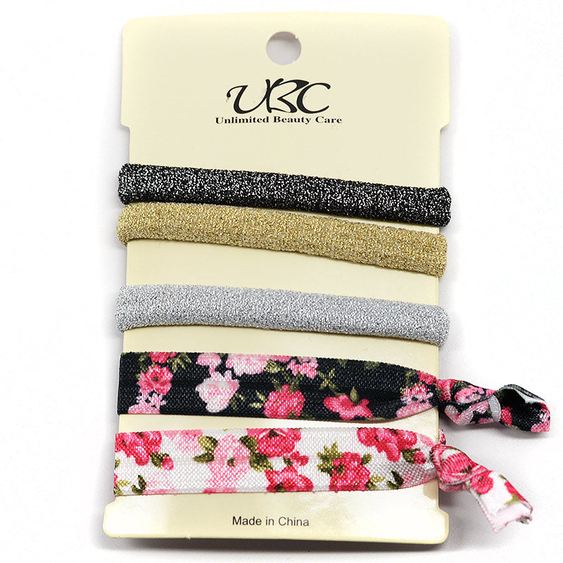 UBC Elastic Ribbon Hair Ties - Metallic Glitter And Flowers (Set Of 5) Everything For $1